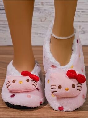 Hello Kitty Pink Plush Slippers with Hello Kitty Heads and Red Bows